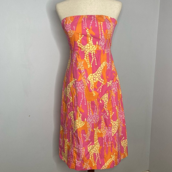 Lilly Pulitzer Womens 6 Giraffe Print Strapless Cotton A-Line Dress Bow Back